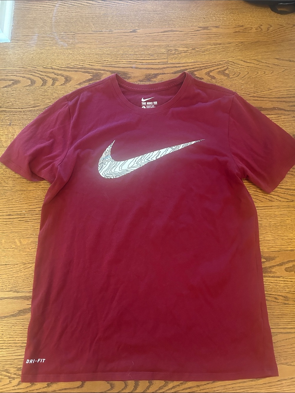 Nike Maroon Short Sleeve Tee with Patterned Swoosh